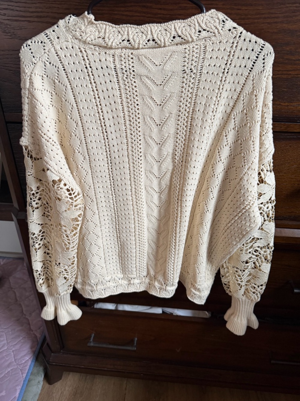 Open-Knit Cream Cable & Lace-Sleeve Sweater